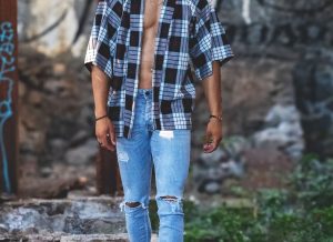 Kimono Flo Mixte Court Imprimé Ecossais Noir Blanc Rouge